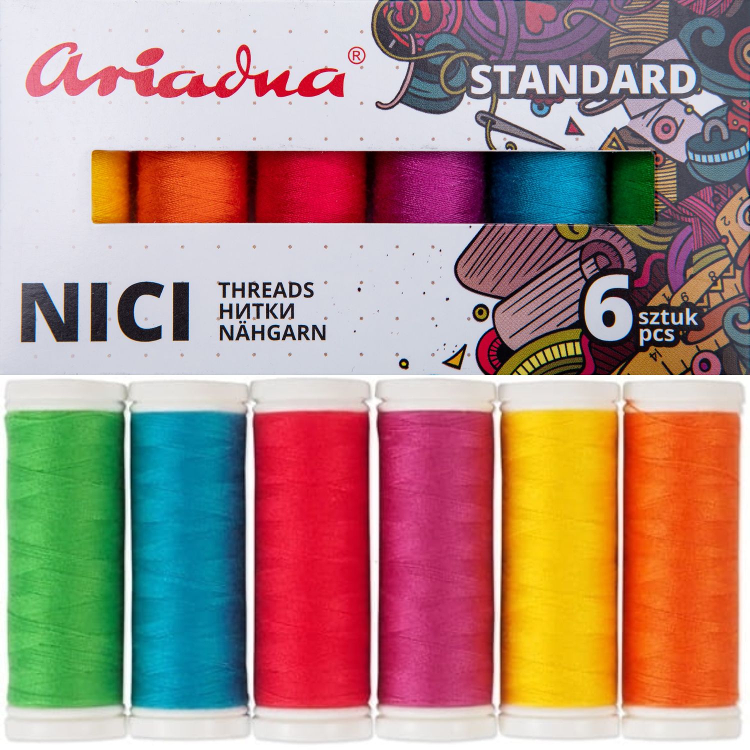Zestaw 6 nici do szycia Ariadna Talia 120/200m w kolorach letnich