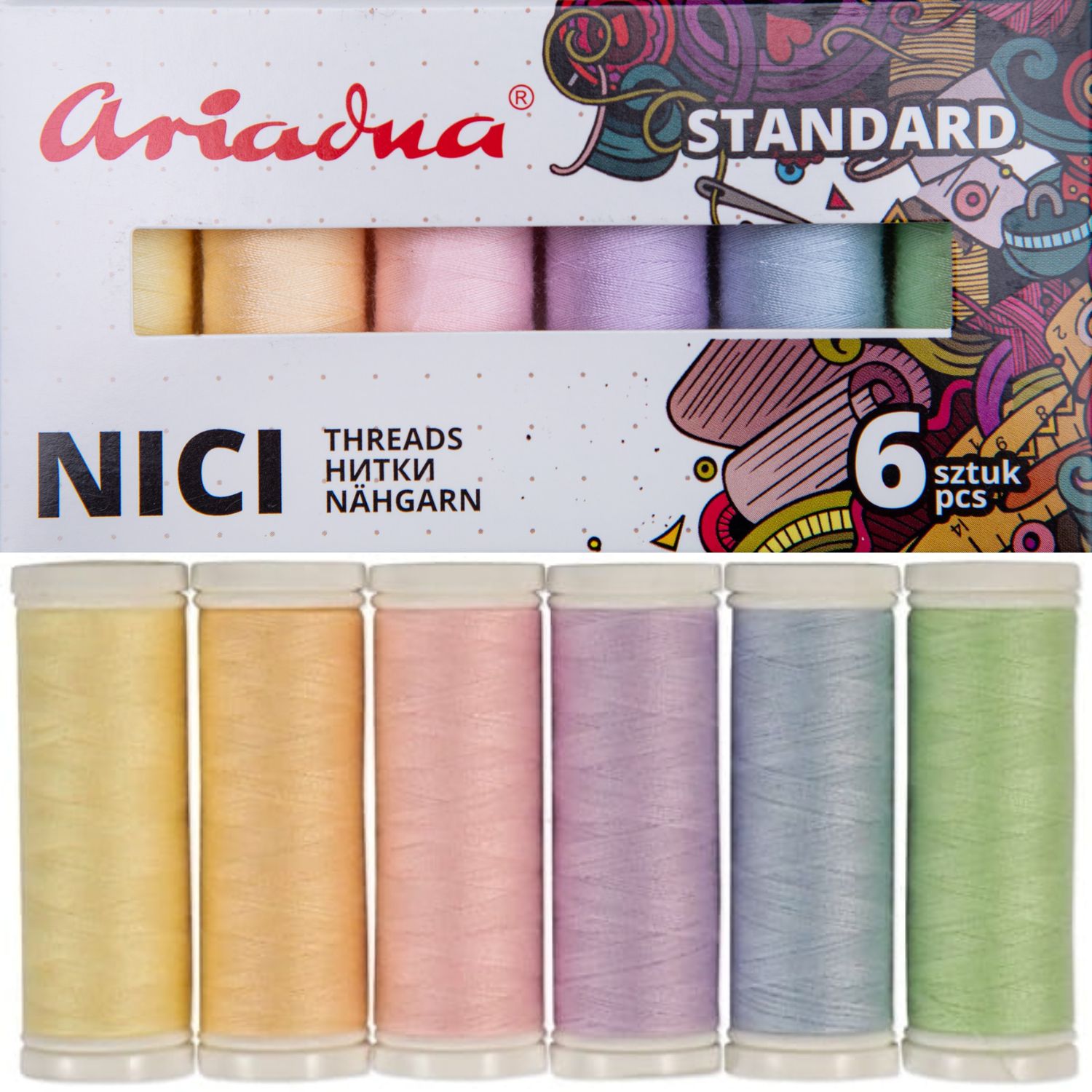 Zestaw 6 nici do szycia Ariadna Talia 120/200m w kolorach pastelowych